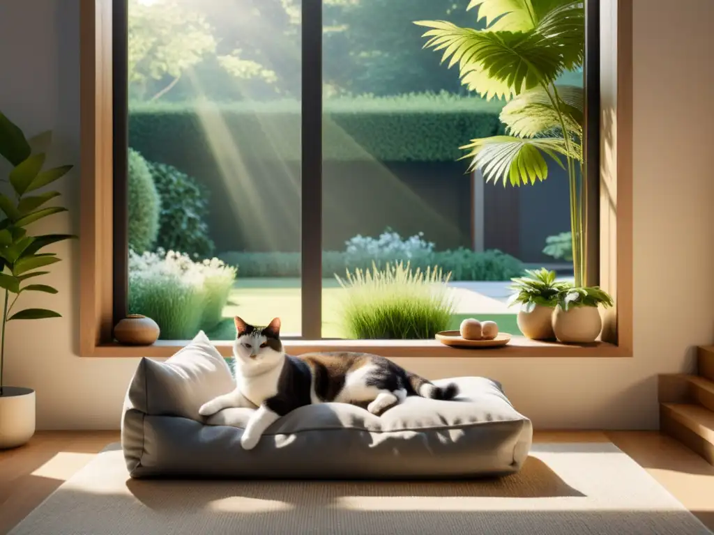 Espacio minimalista con gato relajado en cama, convivencia armónica mascotas feng shui