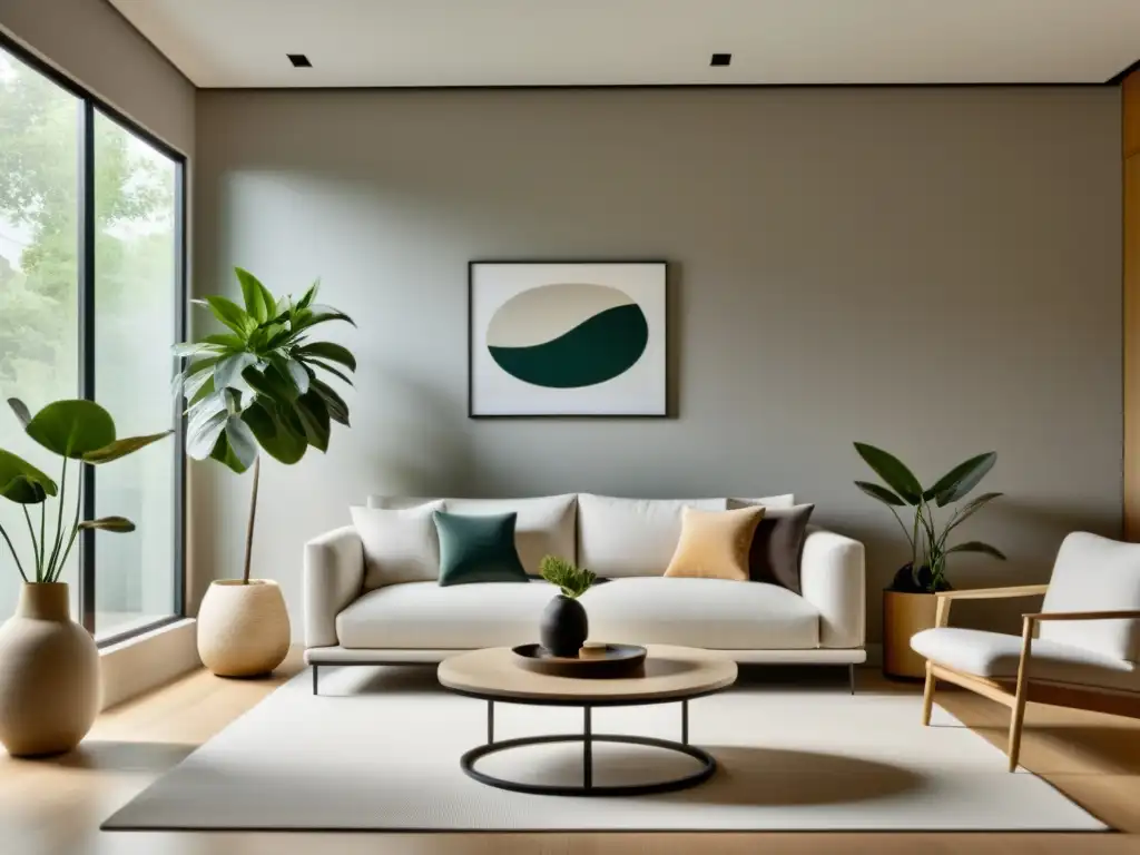 Espacio minimalista con adaptación del Feng Shui en Occidente, iluminado por luz natural, colores neutros y armonía