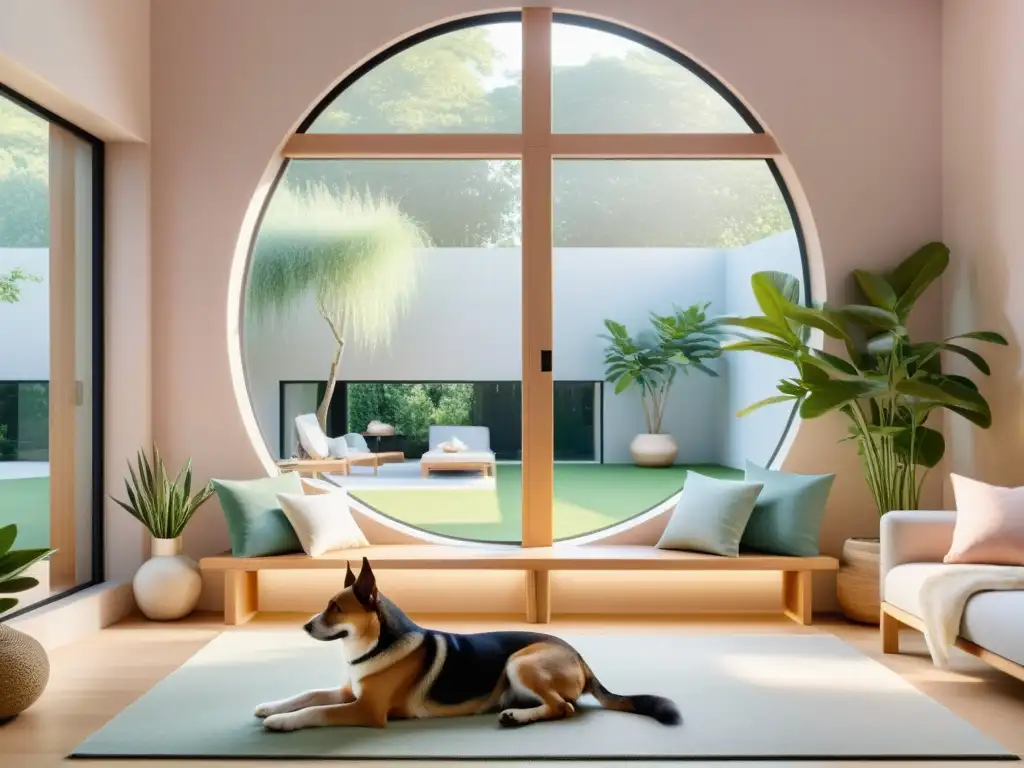 Espacio minimalista con influencia de colores Feng Shui, mascota relajada en armonía