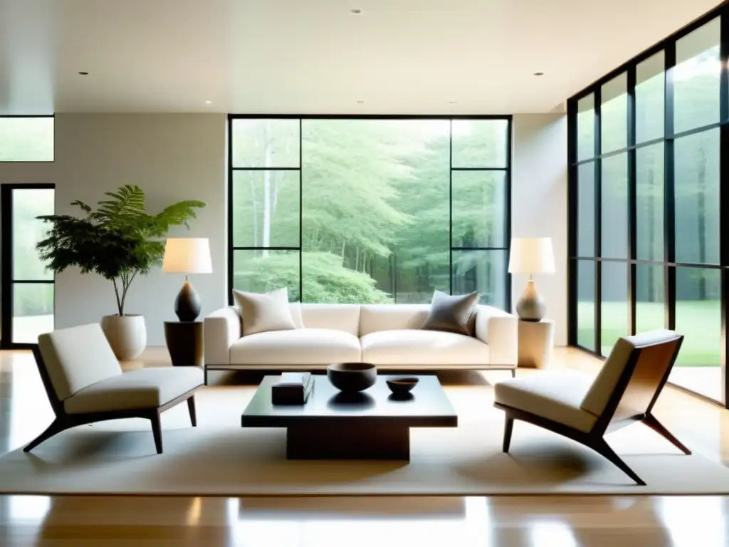 Espacio minimalista y feng shui con líneas limpias, colores neutros y luz natural a través de grandes ventanas