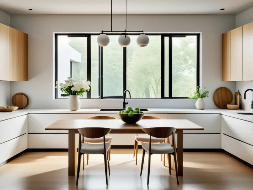 Espacio de alimentación con Feng Shui: Cocina minimalista con luz natural, madera y armonía en la decoración