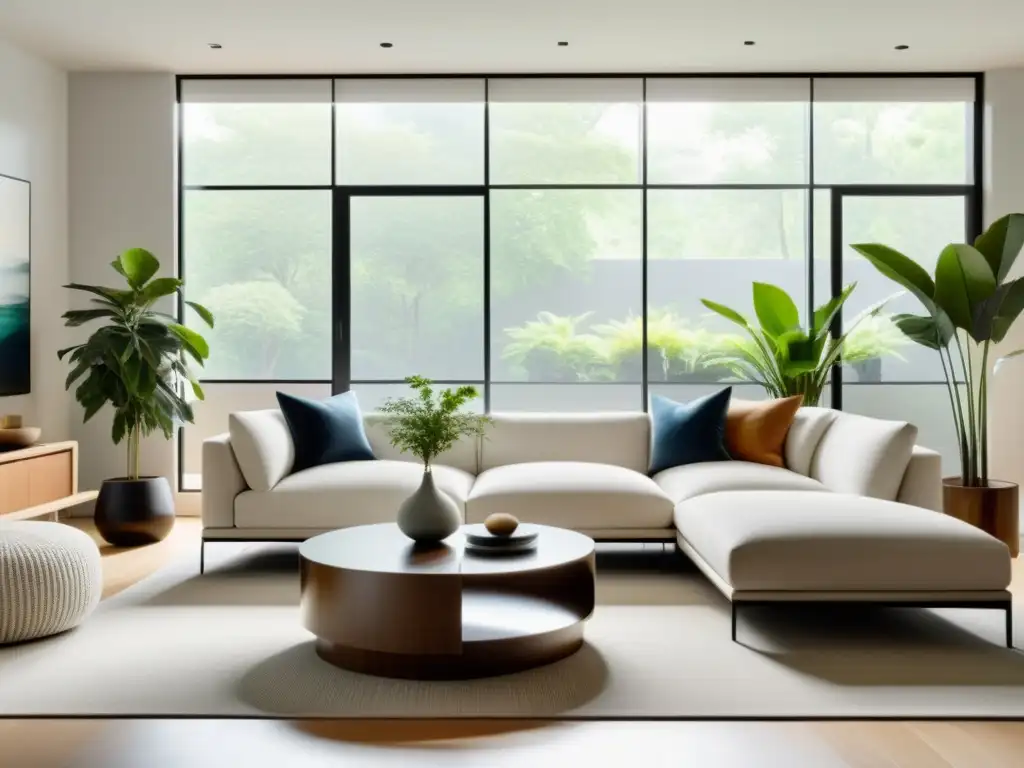 Espacio minimalista con luz natural, mobiliario moderno y elementos Feng Shui