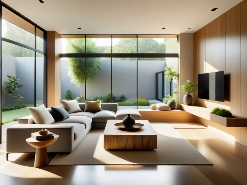 Espacio minimalista con luz natural, muebles de madera y piedra, jardín interior