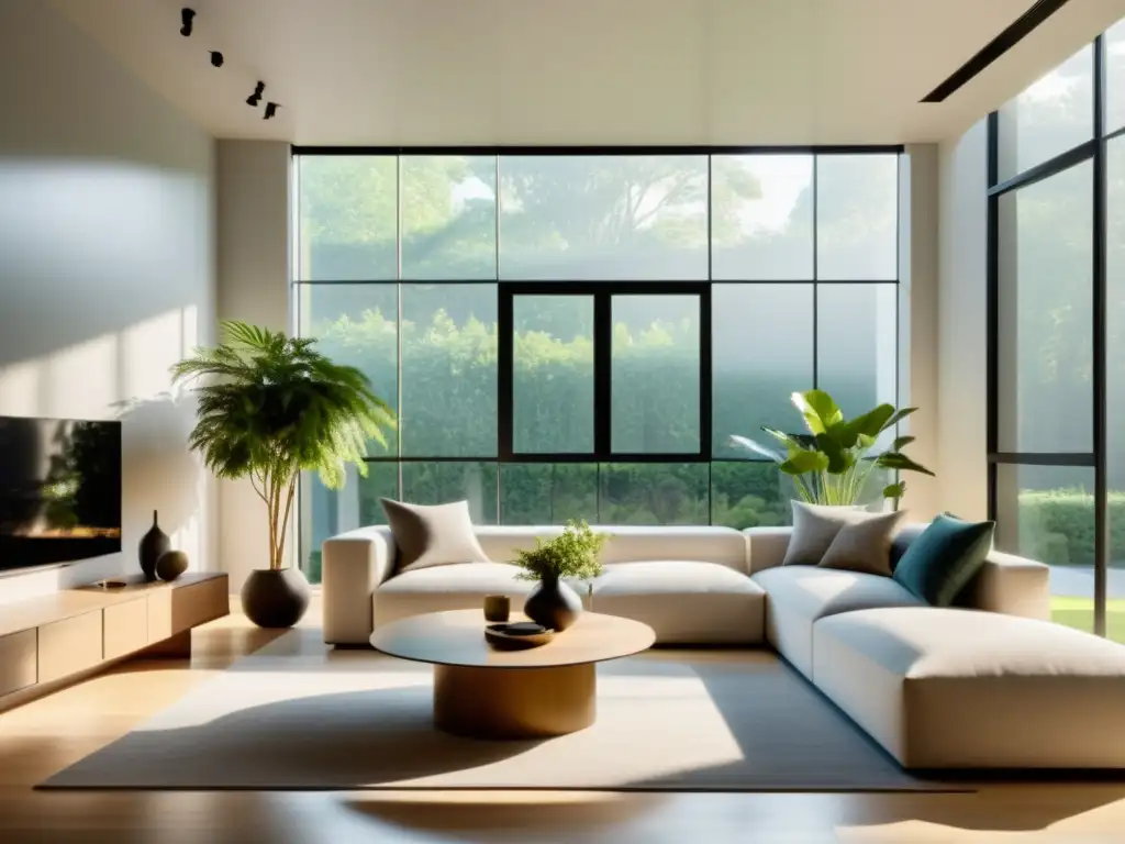 Espacio minimalista con luz natural, plantas y tranquilidad, mostrando la importancia de la iluminación en Feng Shui