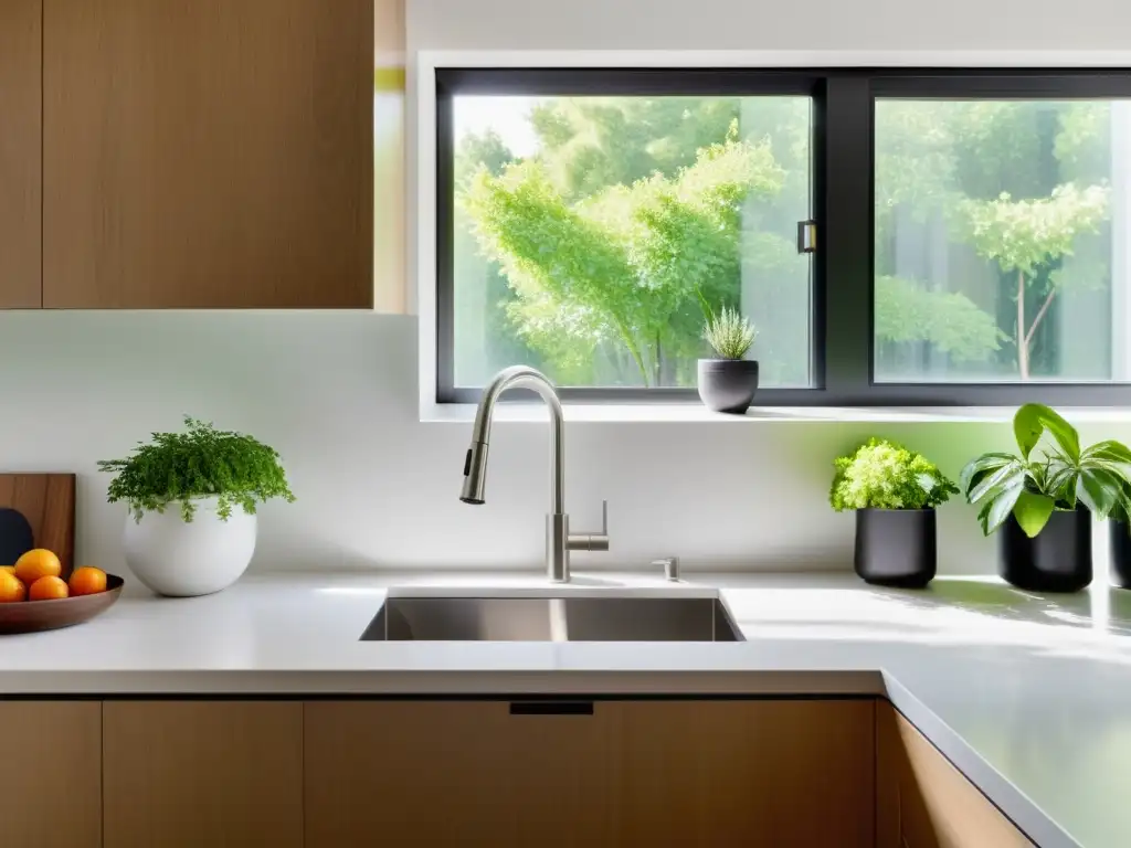 Un espacio de alimentación con Feng Shui: cocina minimalista con luz natural, plantas y diseño armonioso