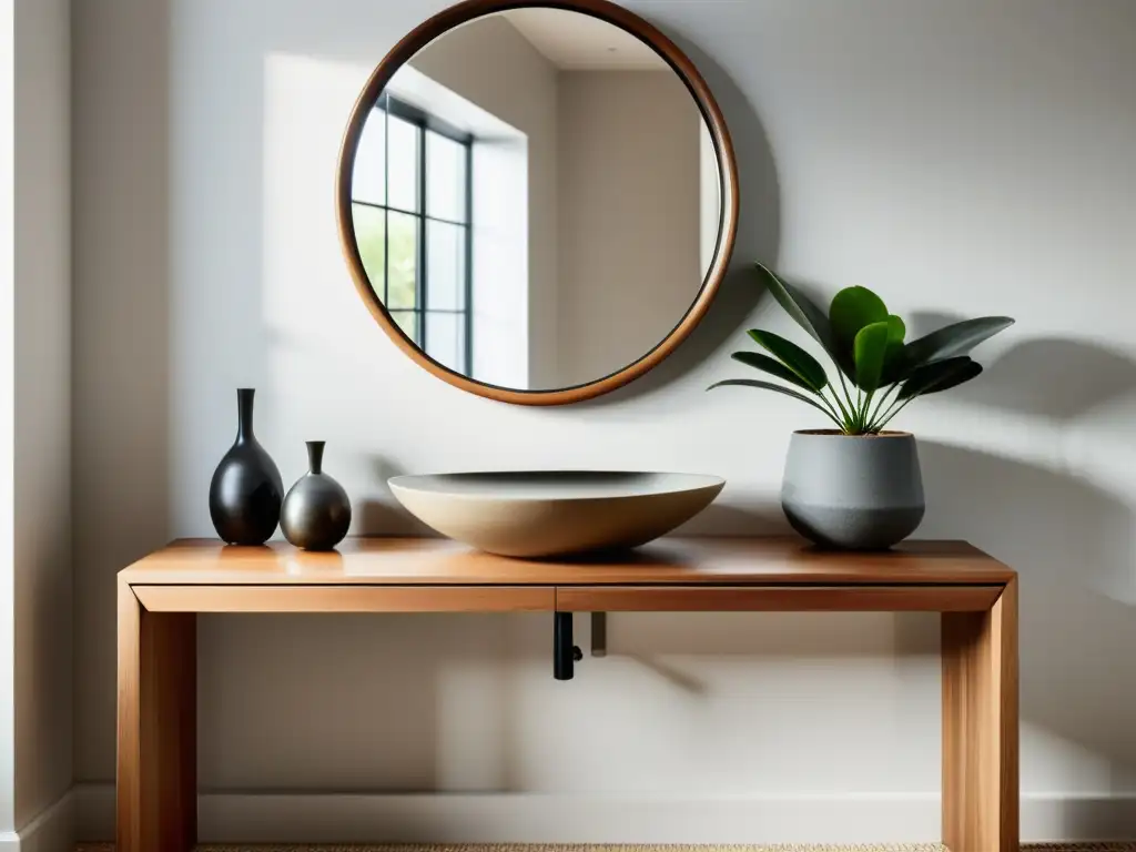 Decoración recibidor Feng Shui: Un espacio minimalista con mesa de madera, espejo elegante, plantas y luz natural