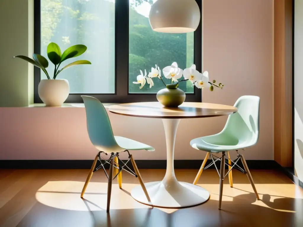 Feng Shui comedor armonía diseño: Espacio minimalista con mesa redonda de madera, sillas Eames en tonos pastel y luz natural