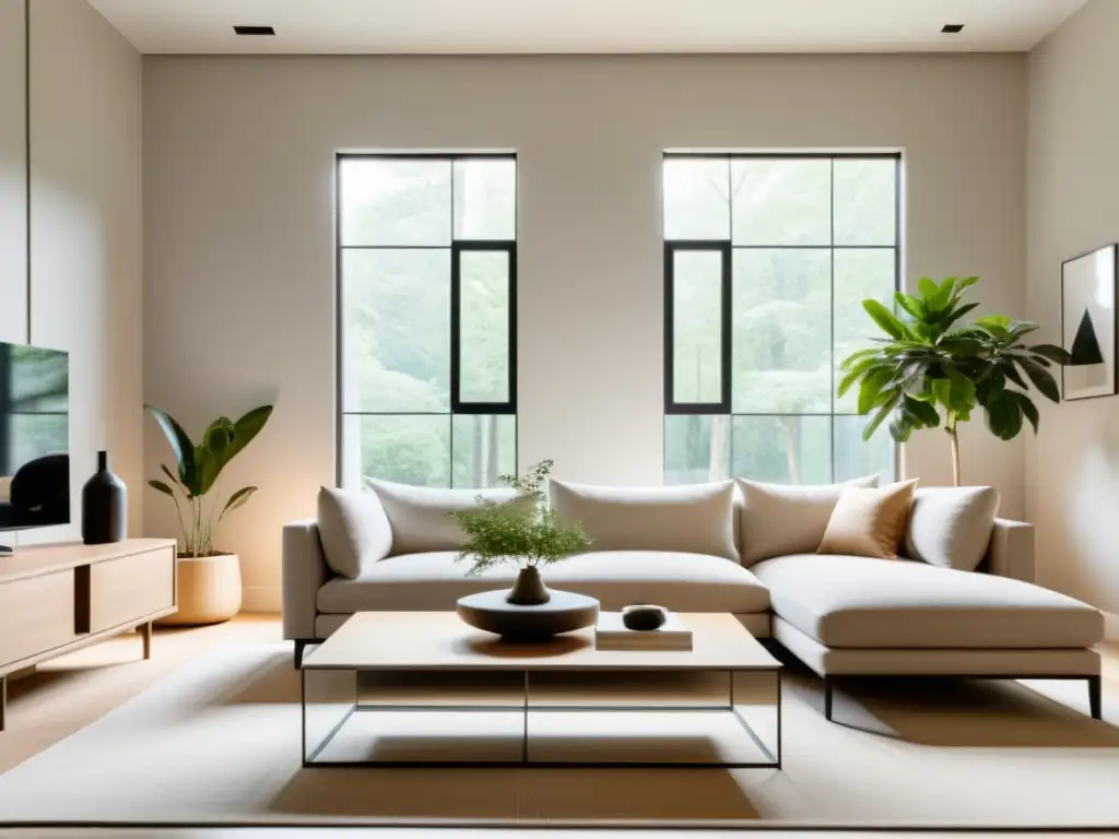 Espacio de estar minimalista con Feng Shui moderno para hogar, tonos terrosos suaves y luz natural