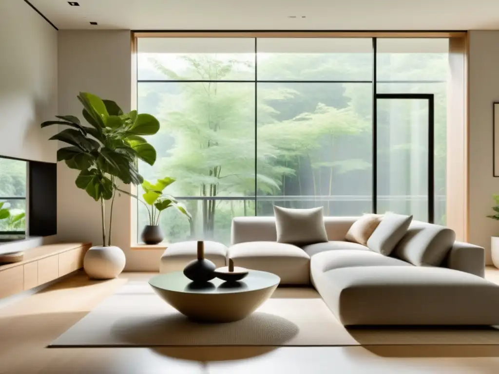 Espacio minimalista con muebles limpios y elementos de feng shui, iluminado por luz natural