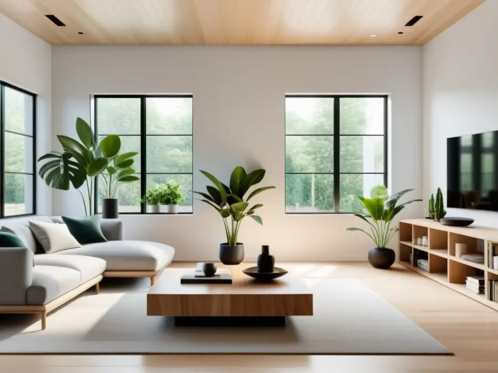 Espacio minimalista con muebles de madera, luz natural y plantas, fomentando crecimiento con elemento madera