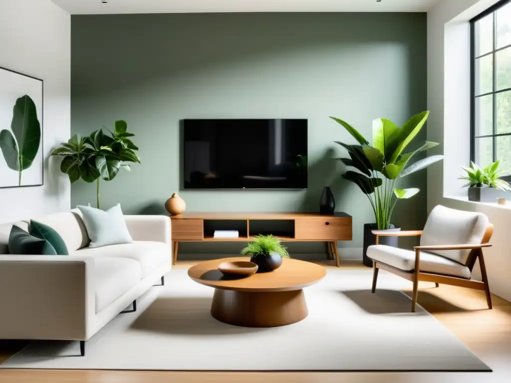 Espacio minimalista con muebles modernos, luz natural y plantas verdes