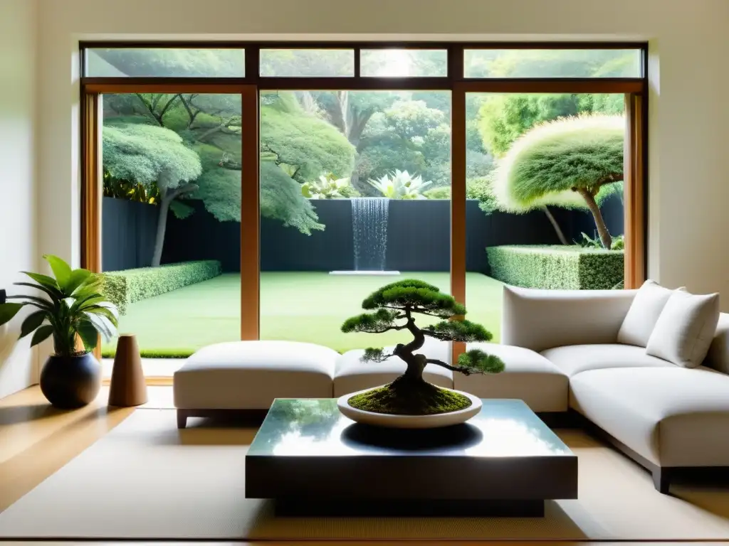 Espacio minimalista con objetos de poder en Feng Shui, luz natural y armonía en sala de estar con vista al jardín