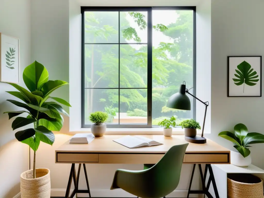 Espacio minimalista de oficina en casa con decoración Feng Shui para reducir desechos, tranquilidad y equilibrio