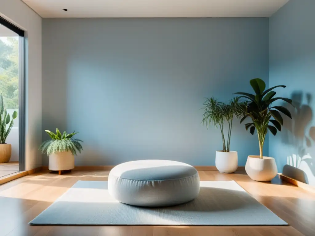 Un espacio de meditación minimalista con paletas de colores Feng Shui y una atmósfera serena y acogedora