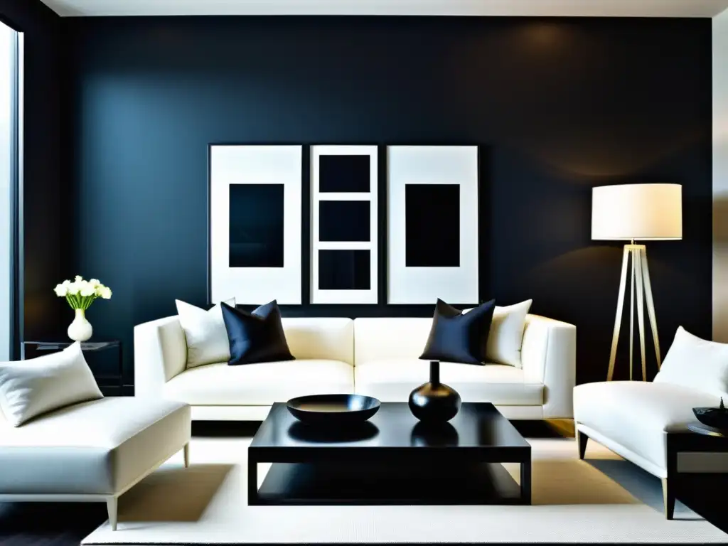 Sala minimalista con pared negra y mobiliario blanco Espacio minimalista con pared negra