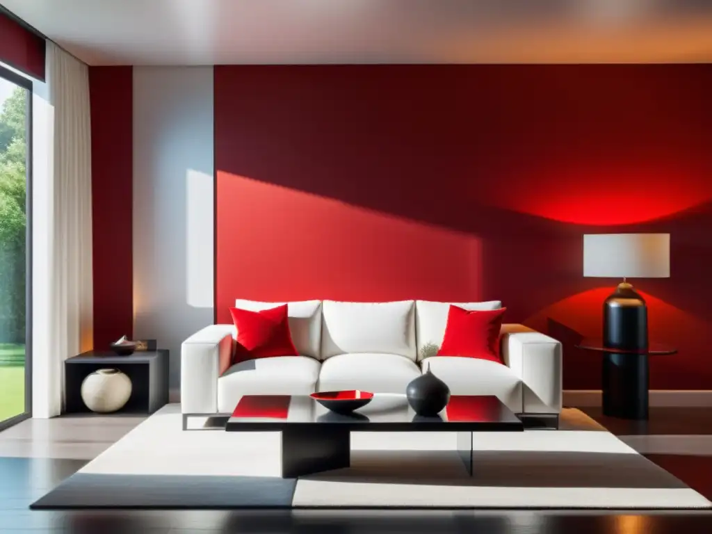 Espacio minimalista con pared roja vibrante iluminada por luz natural, aportando energía y calidez al hogar