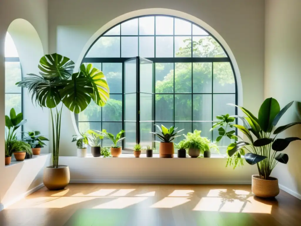 Espacio minimalista con plantas que purifican energía, iluminado por luz natural, creando una atmósfera serena y purificadora en casa