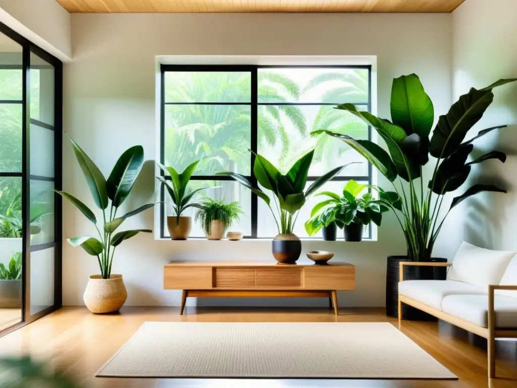 Espacio minimalista con plantas para armonizar hogar según Feng Shui, creando armonía y tranquilidad