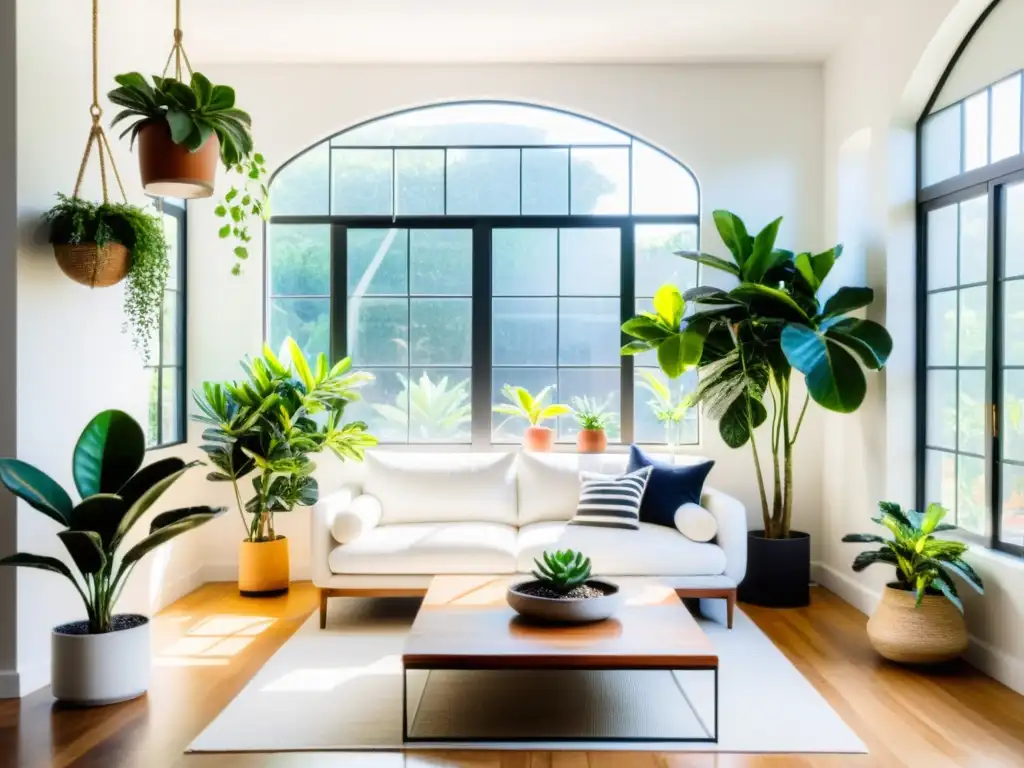 Espacio minimalista con plantas potenciadoras energía Feng Shui, luz del sol filtrándose entre hojas, creando patrones en las paredes blancas