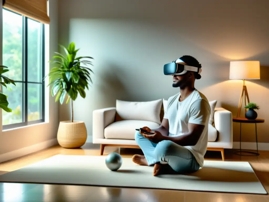 Salón minimalista con realidad virtual en armonía Feng Shui Espacio minimalista en armonía con Feng Shui y realidad virtual hogar