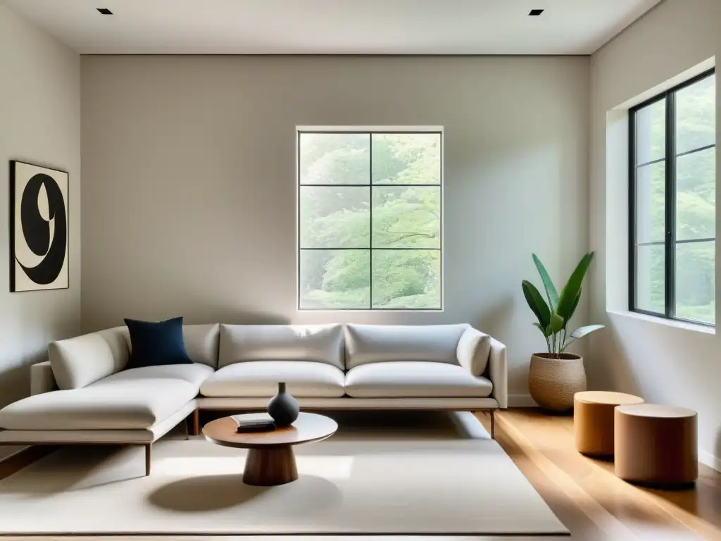 Espacio minimalista de sala de estar con luz natural, muebles simples y atmósfera serena