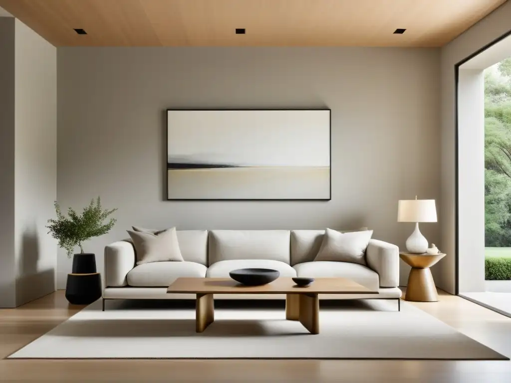 Espacio minimalista con diseño feng shui en sala de estar: sofá bajo, mesa moderna, arte abstracto, tonos neutros y luz suave