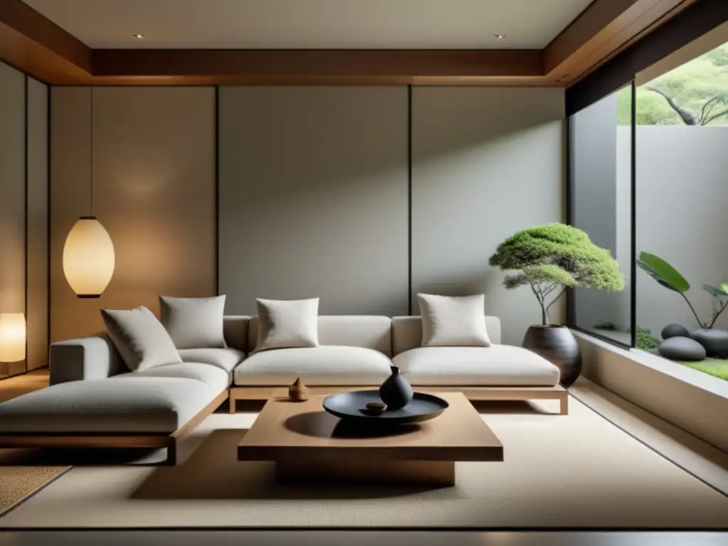 Espacio minimalista en Feng Shui para armonía: sala tranquila con jardín Zen, sofá de perfil bajo y decoración cuidadosamente seleccionada