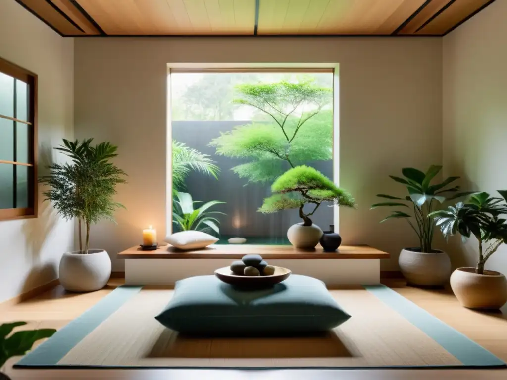 Espacio de meditación minimalista con diseño Feng Shui para salud, iluminado por luz natural, con ambiente tranquilo y equilibrado