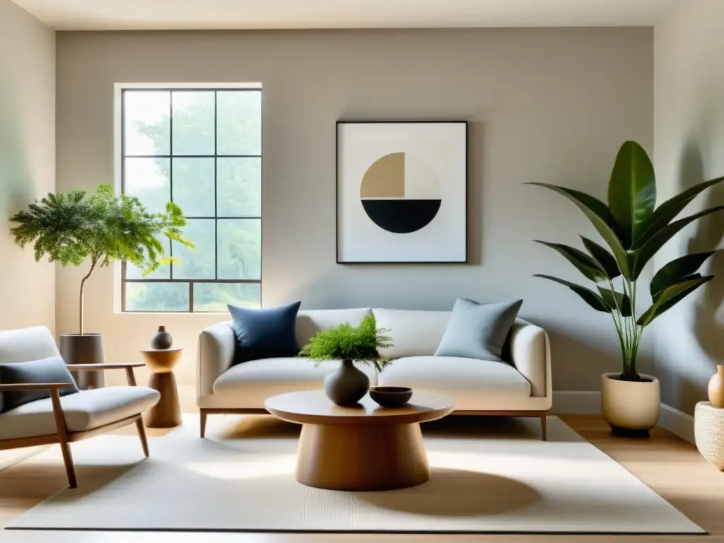 Espacio minimalista y Feng Shui: Sala serena con líneas limpias, colores neutros y armonía en la decoración