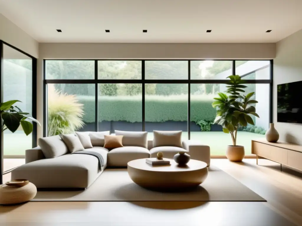 Espacio minimalista y sereno con purificación del aire en Feng Shui, inundado de luz natural y armonía con la naturaleza