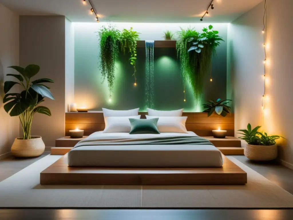 Espacio minimalista y sereno con consejos Feng Shui diseño santuario: cama baja, cojines, fuente y plantas verdes