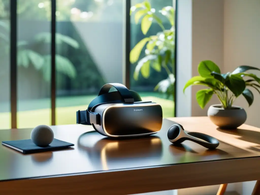 Un espacio minimalista y sereno con diseño de interiores Feng Shui, realzado por un headset de realidad virtual en un escritorio elegante