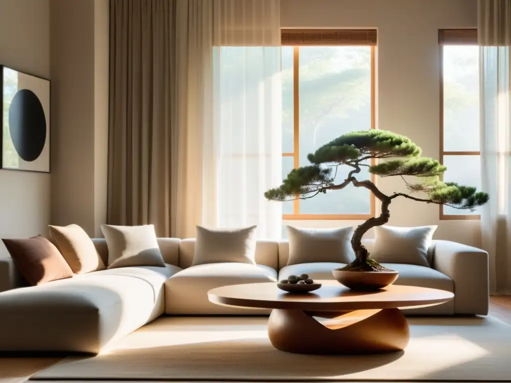 Espacio minimalista y sereno con elementos de Feng Shui para transiciones suaves