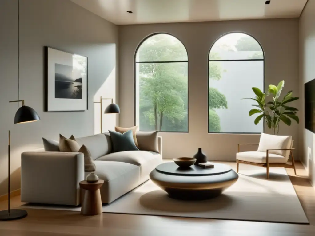 Espacio minimalista sereno con flujo de Chi, decoración neutra y luz natural