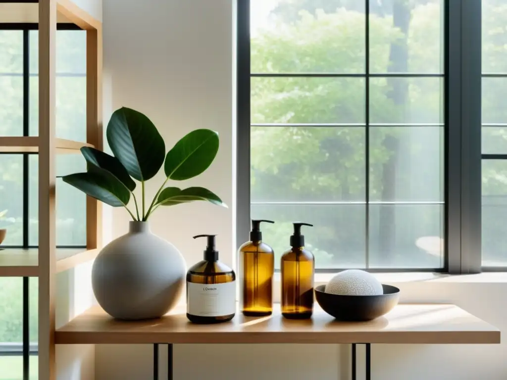 Limpieza ecológica para armonía Feng Shui: Espacio minimalista y sereno con luz natural, productos eco-amigables y planta de interior