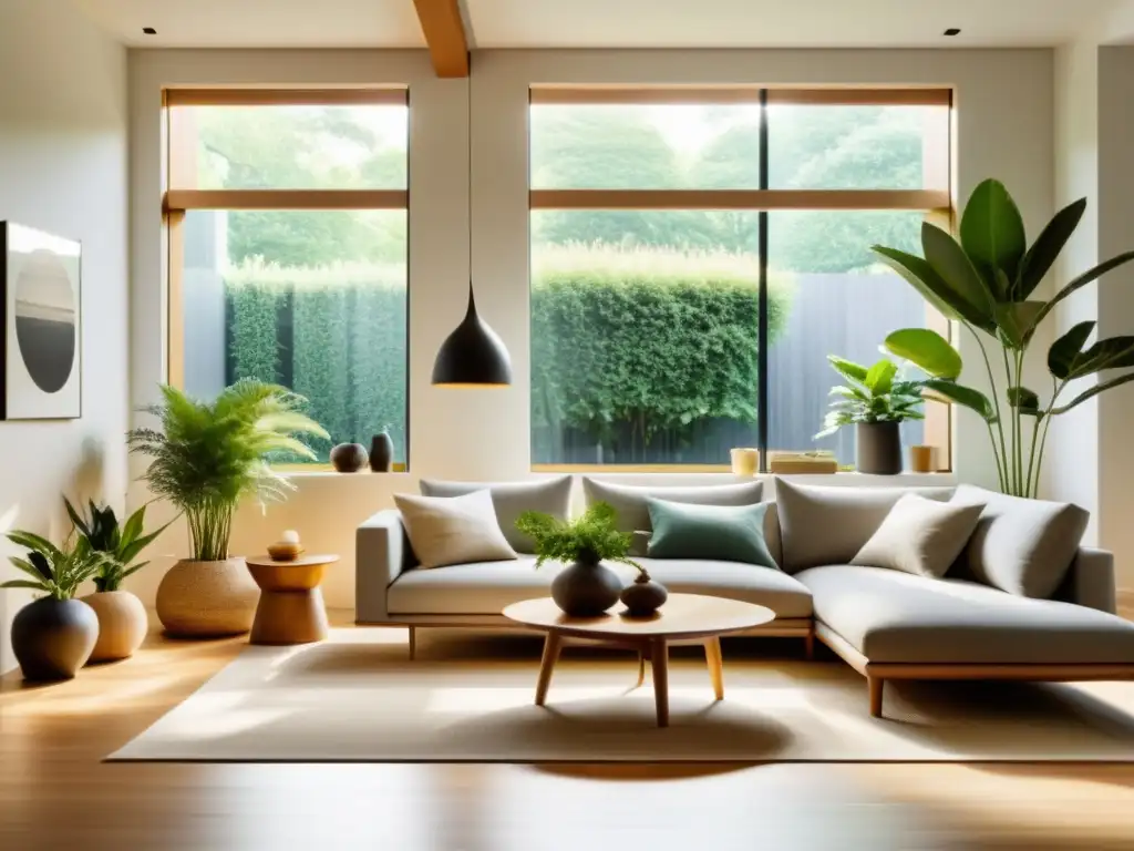 Espacio minimalista y sereno con luz natural y plantas