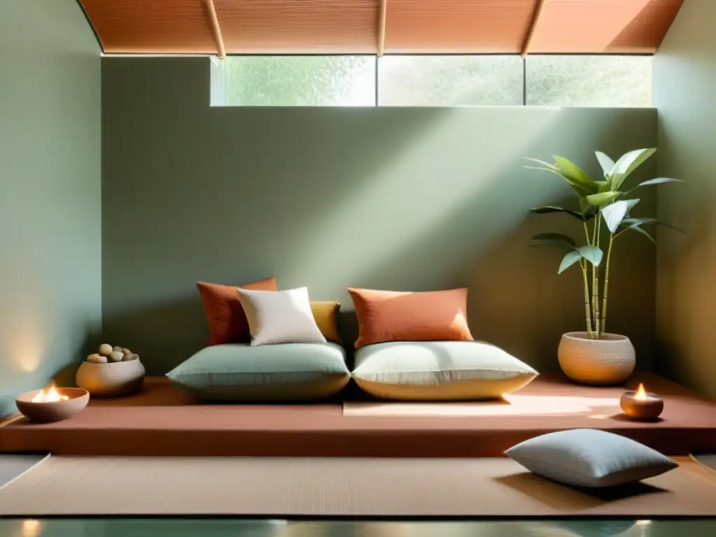 Un espacio de meditación minimalista y sereno con paletas de colores Feng Shui para relajación y equilibrio