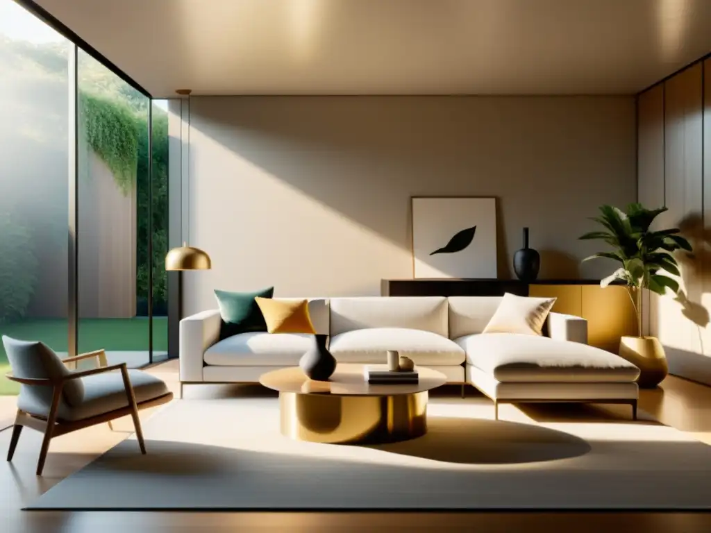 Espacio minimalista con técnicas Feng Shui, iluminación consciente y armonía gracias a la suave luz dorada que entra por las amplias ventanas