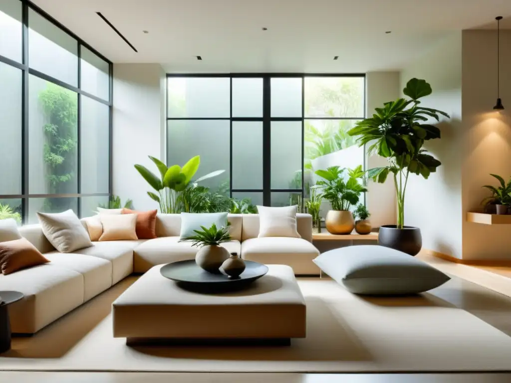 Espacio minimalista con técnicas de Feng Shui para limpieza energética, luz natural y armonía