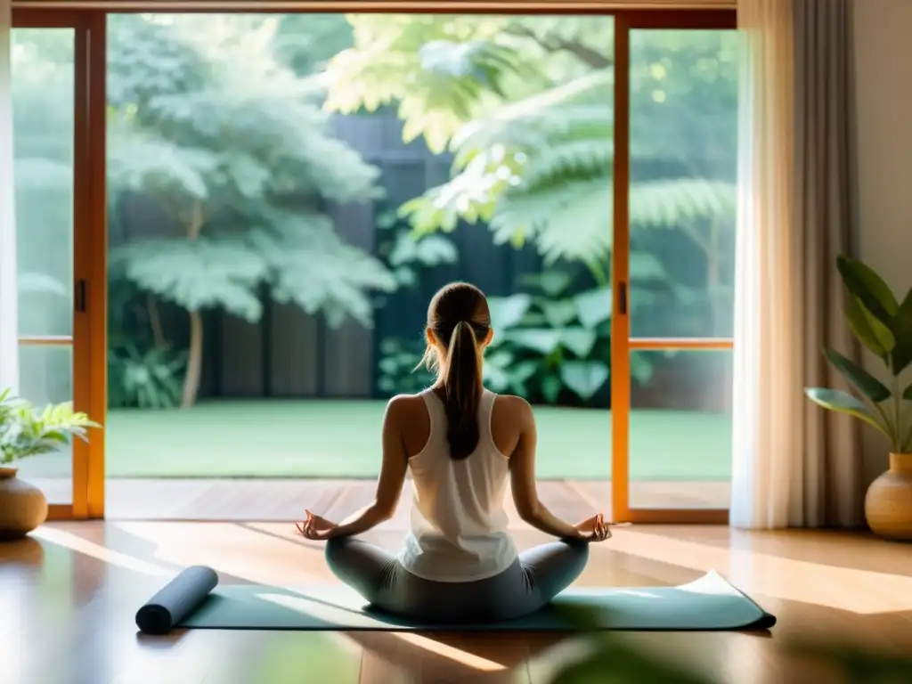 Espacio minimalista con técnicas de relajación para armonizar el hogar: meditación en sala con vista al jardín, luz suave y tranquilidad