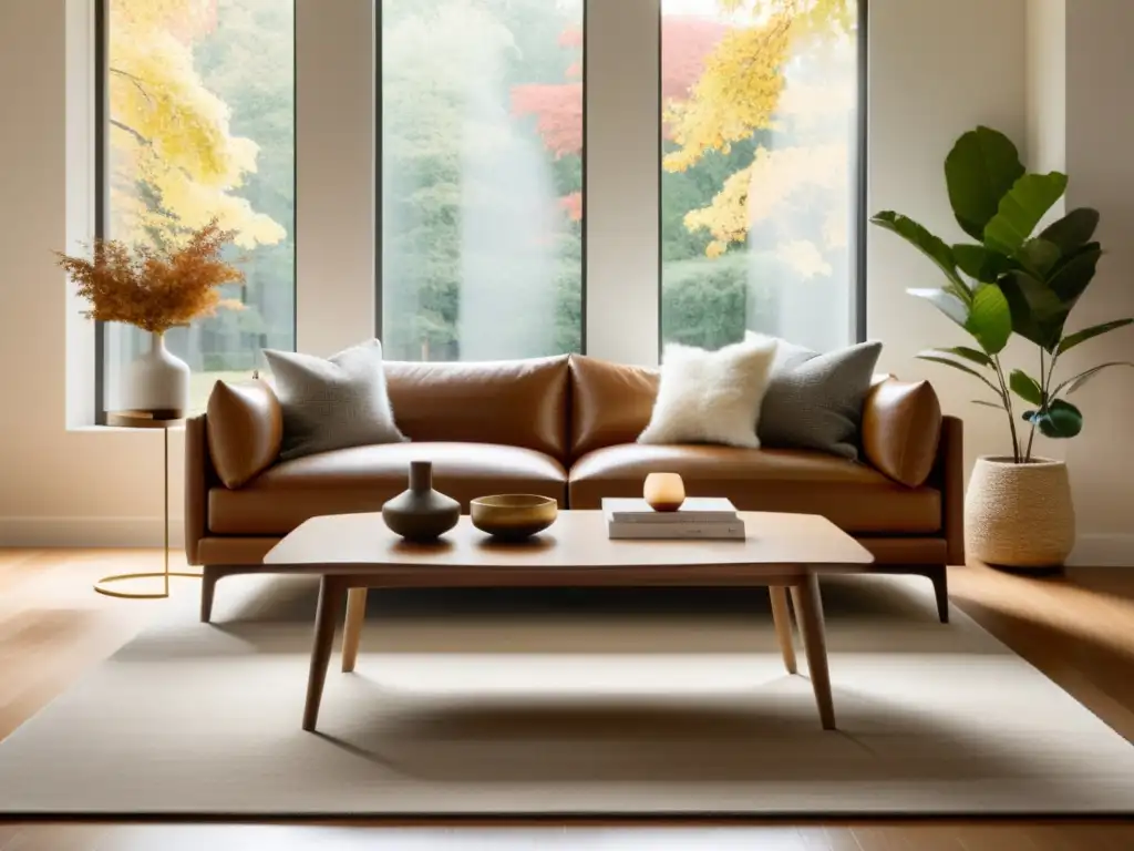 Espacio de estar minimalista con toques cálidos de otoño y Feng Shui para armonía en otoño