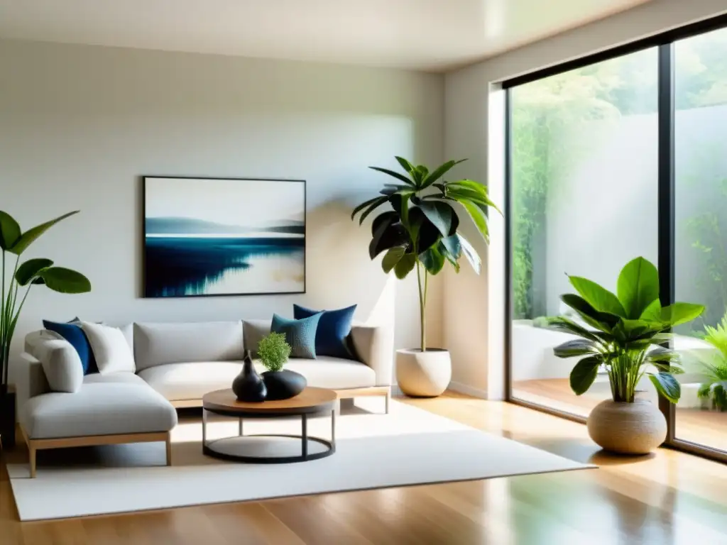 Espacio minimalista y tranquilo que integra el Feng Shui en arquitectura sostenible, con luz natural y elementos armoniosos