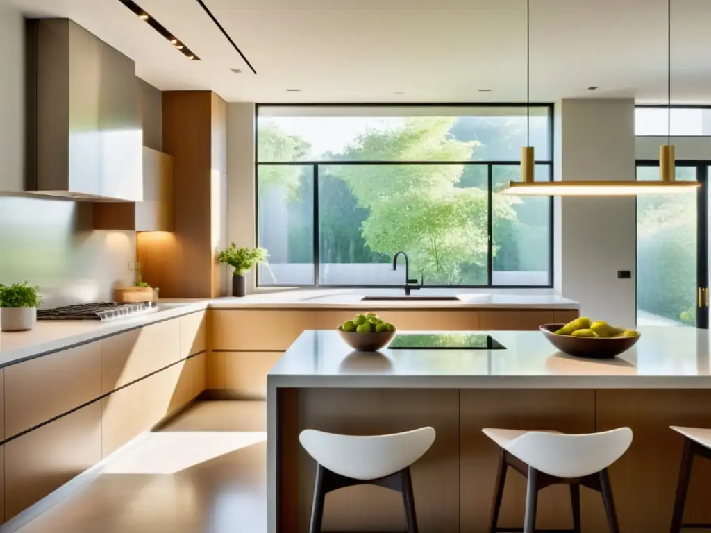 Un espacio minimalista y tranquilo en la cocina, bañado por luz natural que brinda serenidad y armonía según los principios del Feng Shui