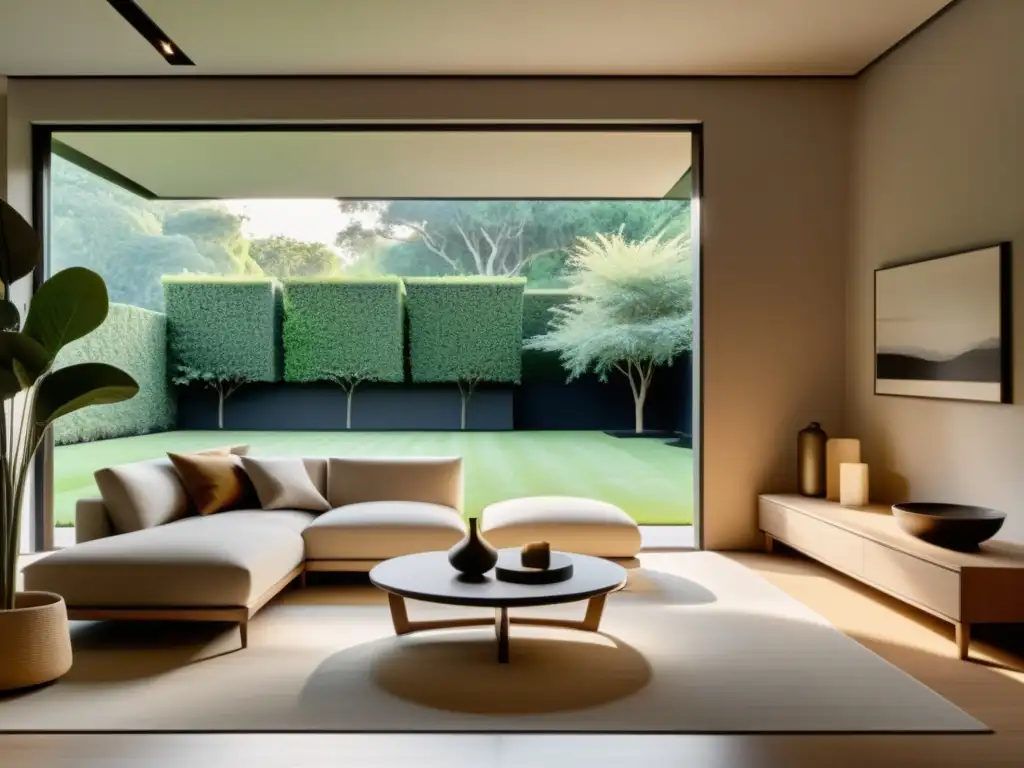 Espacio minimalista con ventana grande hacia jardín tranquilo