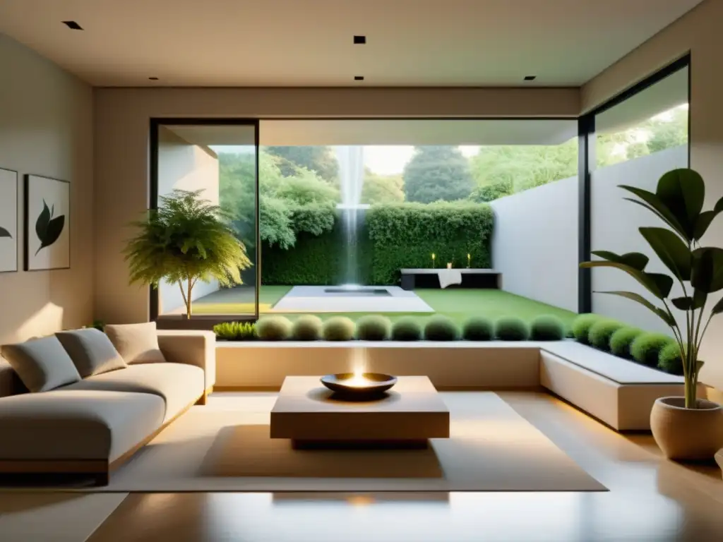 Espacio minimalista con vista a jardín, decorado con líneas simples y colores neutros para armonizar hogar con estrategias Feng Shui