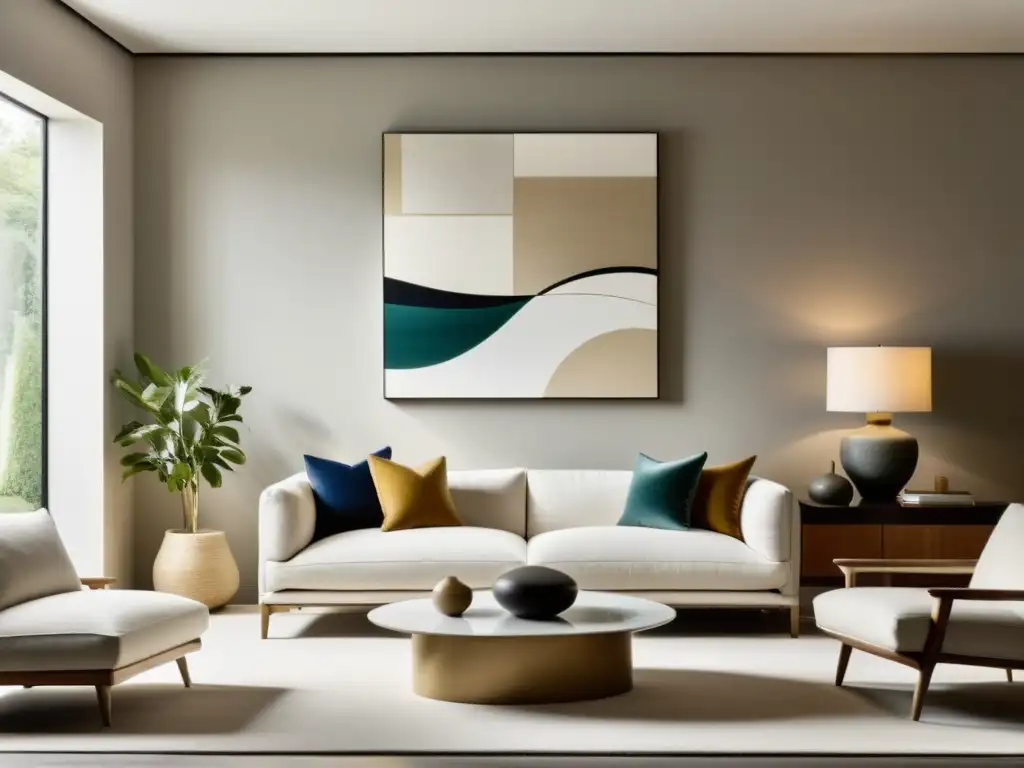 Espacio negativo en el Feng Shui: Sala minimalista serena con arte abstracto y equilibrio entre simplicidad y calidez