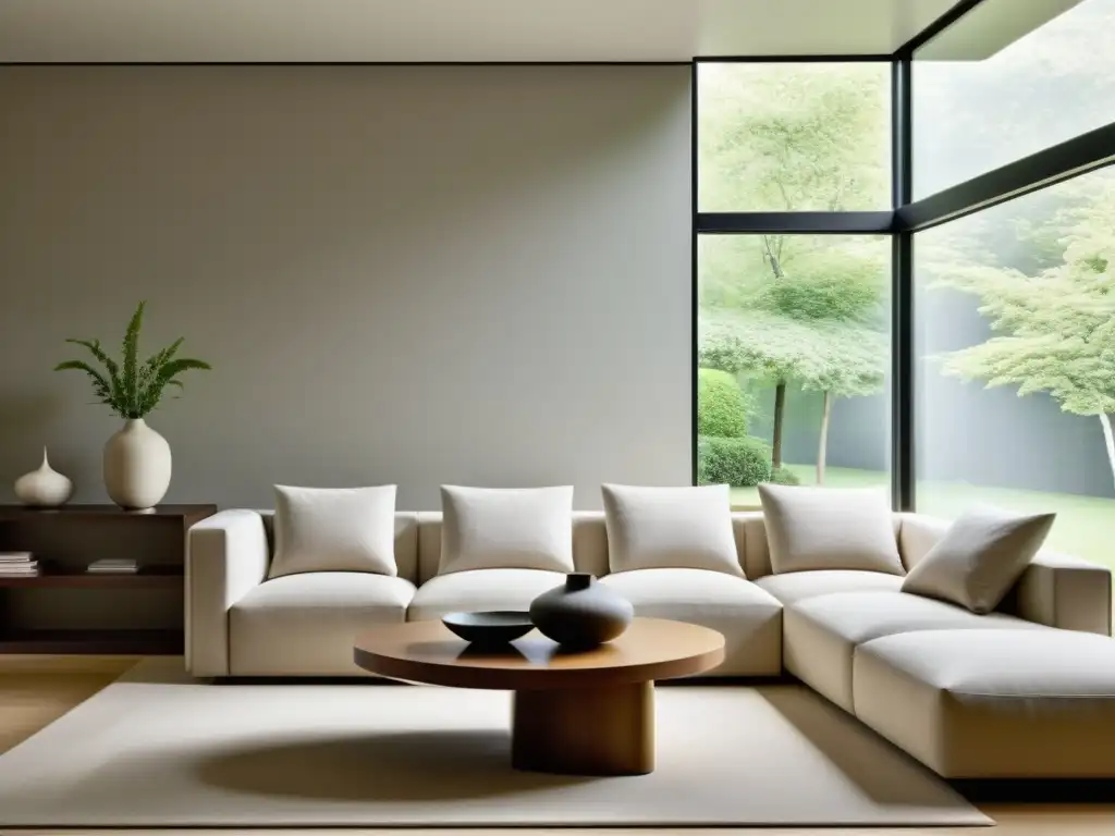 Espacio negativo en el Feng Shui: Sala minimalista y serena con líneas limpias y colores neutros, iluminada por luz natural a través de gran ventana