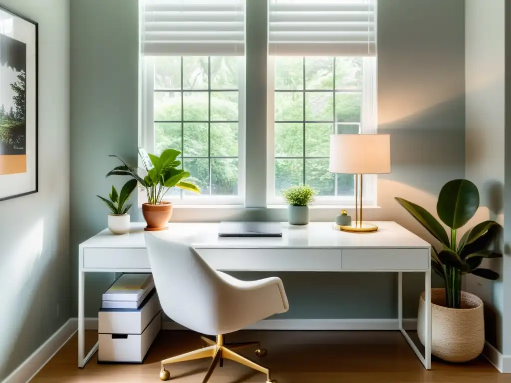 Espacio de oficina en casa armonioso con escritorio blanco y decoración minimalista, perfecto para aplicar el Feng Shui para oficinas en casa