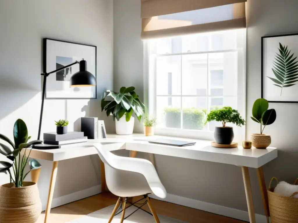 Un espacio de oficina en casa armonioso y minimalista, con un escritorio blanco, plantas y luz natural, siguiendo el Feng Shui para oficinas en casa