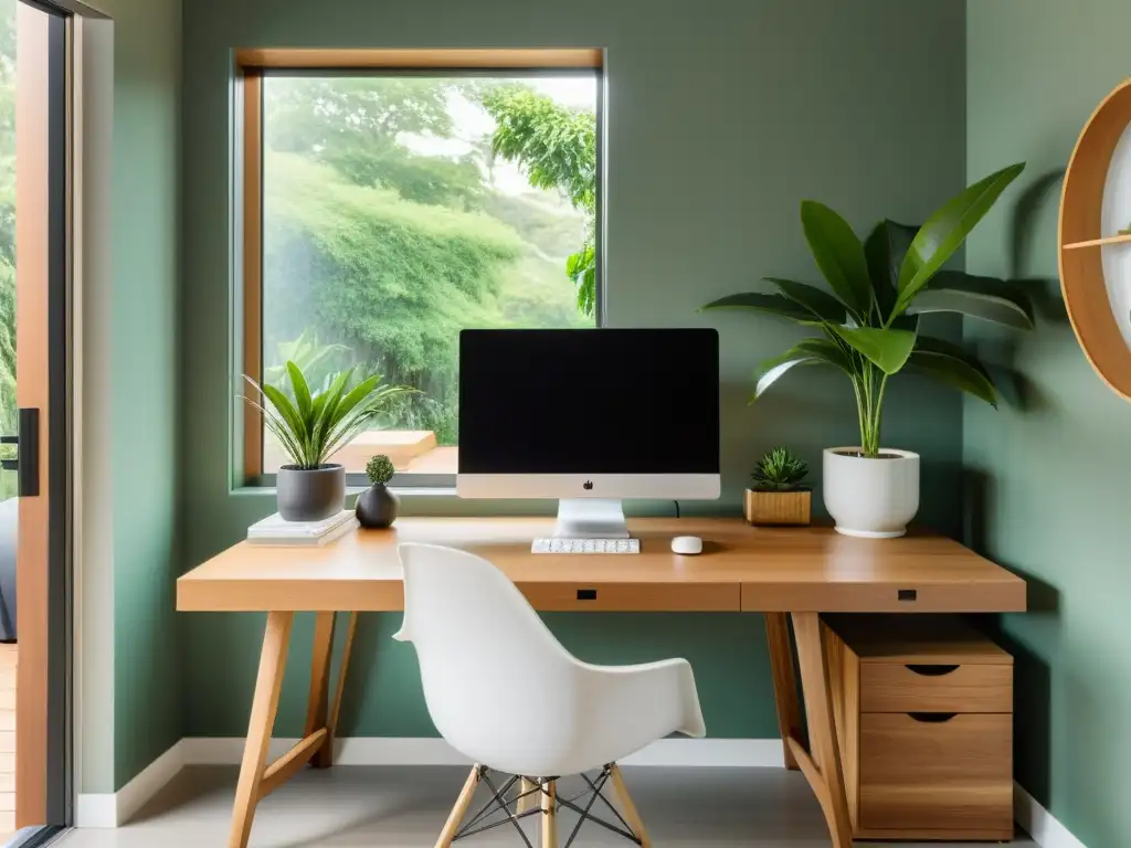 Un espacio de oficina en casa con diseño minimalista y elementos de Feng Shui para home office